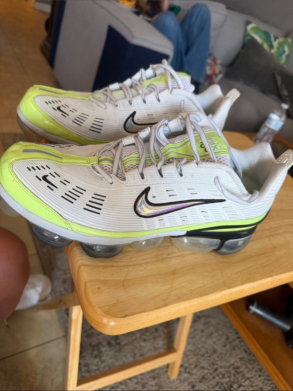 Nike Vapor Max 360 White Sneakers with Lime Green Accents and Iridescent Swoosh